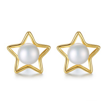 Lovely Star Shape Gold Plated Freshwater Pearl Sterling Silver Stud Earrings